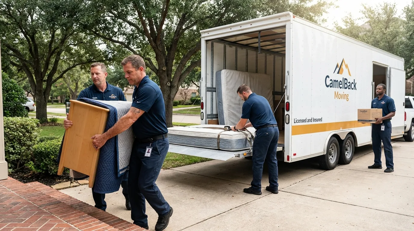 Crew loading residential truck for cross-state move from Ash Flat, AR