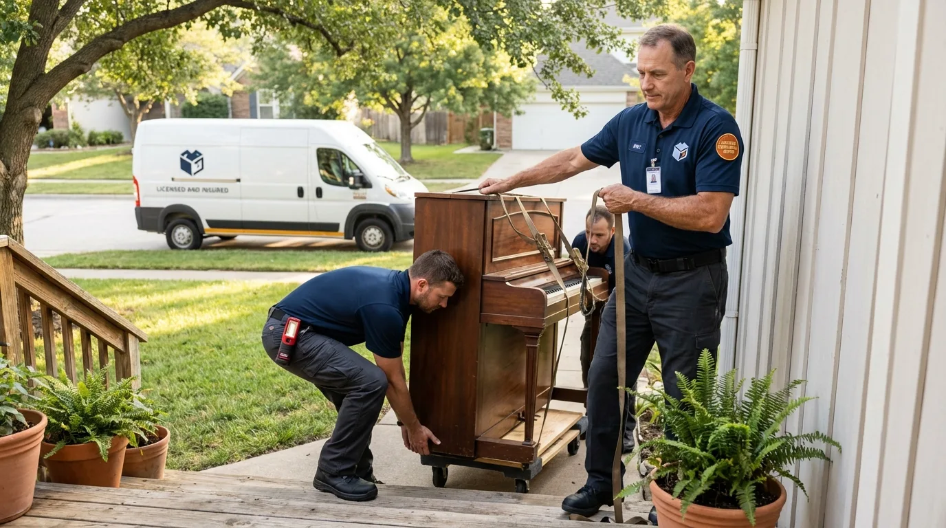 Licensed piano movers securing grand piano in Ash Flat, AR